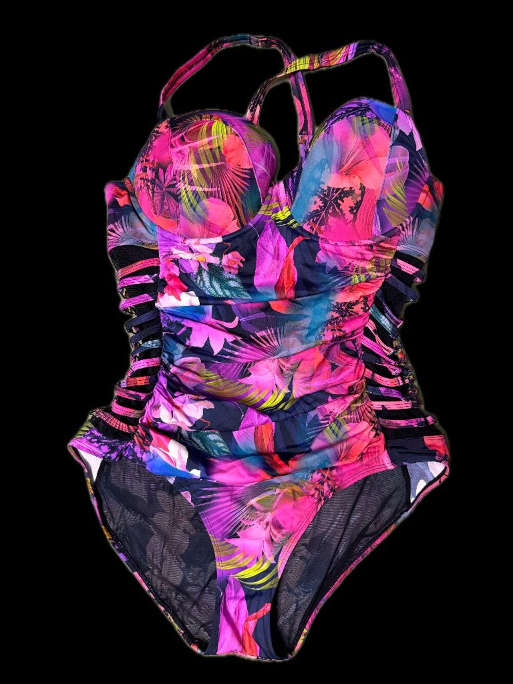 Torrid Slim Fix Underwire Lattice Side One Piece 40+ UPF Multi Leaves 2X D/DD